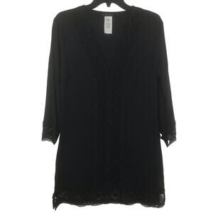 La Blanca Tunic Mini Dress Long Sleeve Swim Cover Up Black Lace Cotton Gauze XS